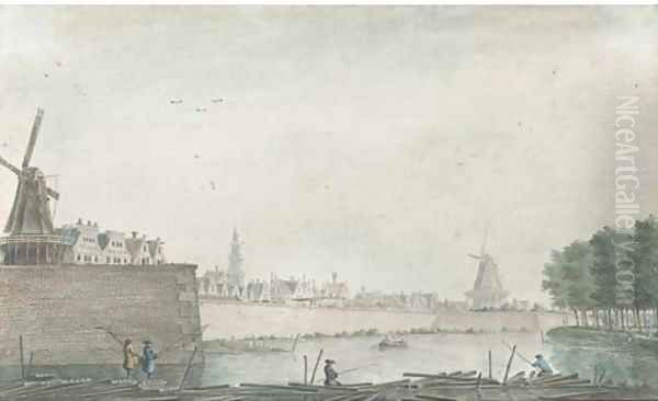 View of the Raampoort, Amsterdam, with figures fishing on a barrage 2 - view 1