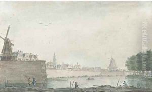 View of the Raampoort, Amsterdam, with figures fishing on a barrage View of the Raampoort, Amsterdam, with figures fishing on a barrage
