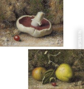Apples And A Rosehip On A Mossy Bank; And A Mushroom And Rosehip by William B. Hough