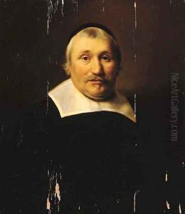Portrait of a parson, half length, wearing black costume with lace collar and black cap by Abraham de Vries