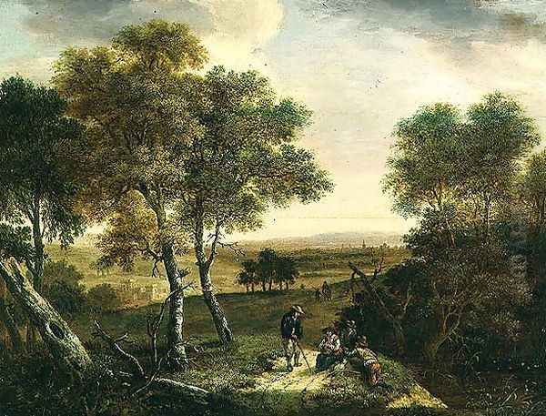 An extensive wooded landscape with peasants by a path, a town beyond - view 1
