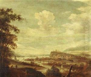 An extensive river landscape with sailboats