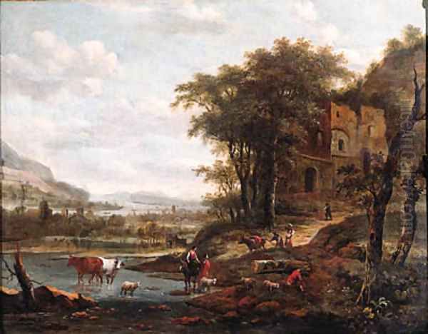 Drivers watering cattle and muleteers on a path in a mountainous river landscape - view 1