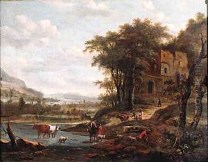 Drivers watering cattle and muleteers on a path in a mountainous river landscape