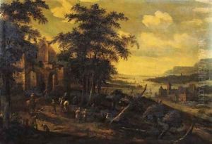 Travellers and peasants on a road by a ruined mansion, a valley beyond by Dionys Verburgh