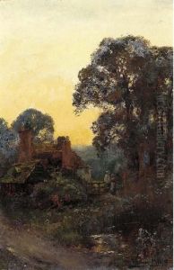 Figures By A Cottage At Sunset by Henry John Yeend King