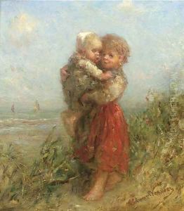 A girl holding a baby in the dunes by Elchanon Verveer