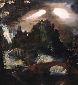 A fantasy landscape with thunderstorm at night