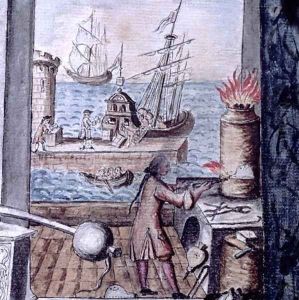 View from a workshop of silversmiths of the unloading of a merchant vessel into port, from a silversmith book Llibre de Passenties per Argenters, 1761
