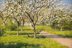 Gardsidyll Med Blommande Appletrad Och Hons
