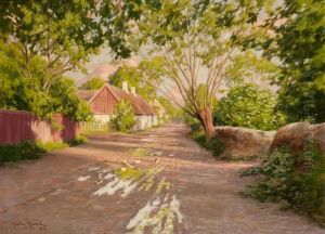 Gata Med Gronskande Trad. Signerad Johan Krouthen Och Daterad 1915. Duk 80 X 110 Cm.