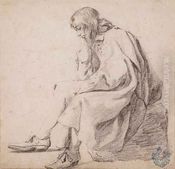 An elegant young man seated on a block resting his head in his right hand - view 1