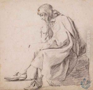 An elegant young man seated on a block resting his head in his right hand by Constantin Verhout or Voorhout