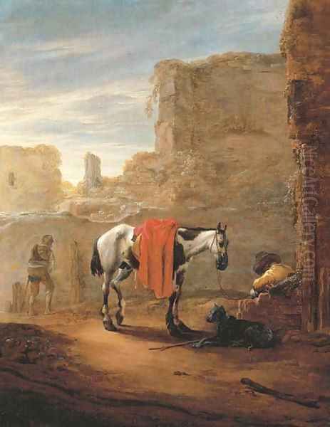A horse and traveller resting on a road with ruins beyond - view 1