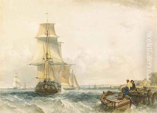 Shipping, with figures on a jetty in the foreground - view 1