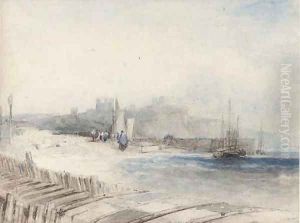 Fisherfolk on the shore below Dover Castle by Alfred Gomersal Vickers