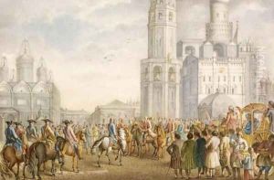 Imperial procession inside the Kremlin with the Ivan the Terrible Belfry and the Cathedral of the Assumption beyond by Jean Louis de Veilly
