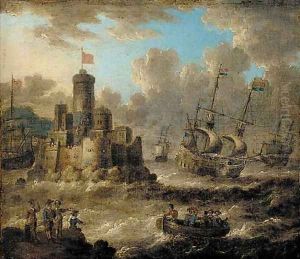 Dutch men-o'-war in choppy seas near an island fort