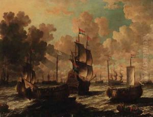 Dutch men-o'-war in choppy waters by Petrus van der Velden
