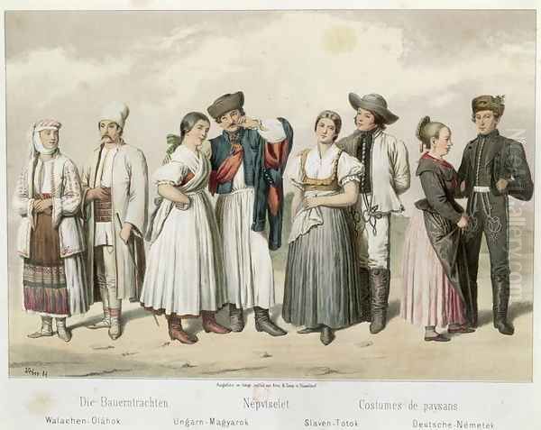 Costumes of Peasants from (L to R) Romania, Hungary, Slovakia and Germany, from 'Esquisses de la Vie Populaire en Hongroie by Gabriel de Pronay, 1855 - view 1