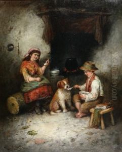 Cottage Interior With Young Girl And Boy Feeding A Dog Cottage Interior With Young Girl And Boy Feeding A Dog