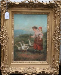 Mother And Child Beside Geese