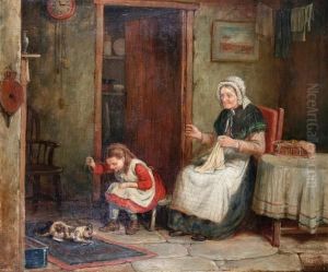 Cottage Interior With Young Girl
 Playing With A Kitten And A Lady Sewing Seated By A Table by Mark W. Langlois