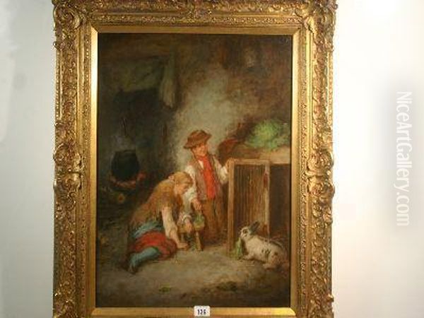 Boy And Girl Feeding Their Rabbit By Its Hutch - view 1