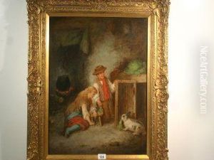 Boy And Girl Feeding Their Rabbit By Its Hutch