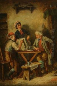 The Newspaper, Cottage Interior 
With Two Seated Figures, One Reading A Paper, A Wench Nearby, Signed 
Lower Right