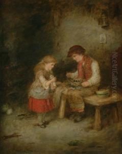 A Mother Seated Witha Nest Of
Three Chicks On Her Lap, Watched By A Young Girl Holdinga Doll by Mark W. Langlois