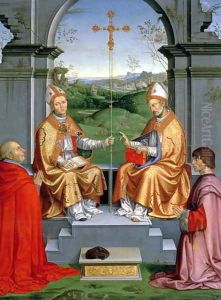 St. Thomas a Becket and St. Martin of Tours with Archbishop Giovanni Pietro Arrivabene and Guidobaldo da Montefeltro, Duke of Urbino by Timoteo Viti