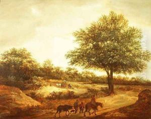 A wooded landscape with travellers on a path, a cottage beyond by Guillam de Vos