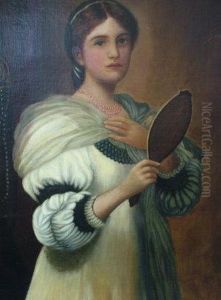 Portrait Of A Lady, Standing Three-quarter Length In Classical Dress Holding A Mirror