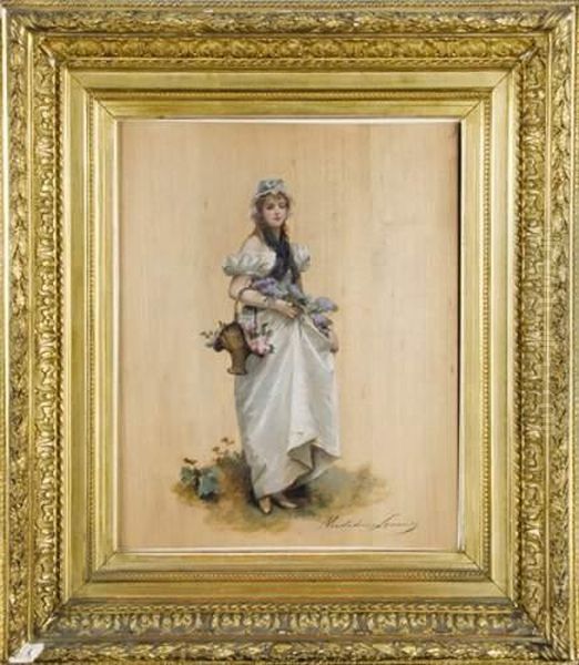 Jeune Femme Portant Un Panier A Fleurs - view 1