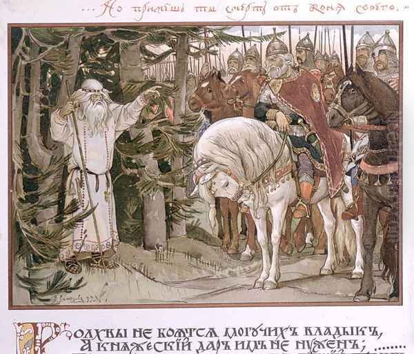 Prince Oleg (d.c.912) meets the soothsayer who prophesizes that his horse will be the cause of his death, illustration from The Song of Oleg the Wise. 1899 - view 1