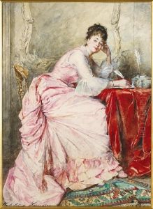 Jeune Femme A La Robe Rose Ecrivant. by Madeleine Jeanne Lemaire