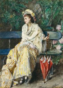 Jeune Elegante A L'ombrelle Assise Sur Un Banc.