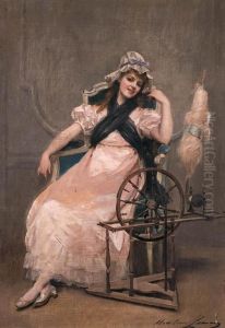 A Young Beauty At A Spinning Wheel