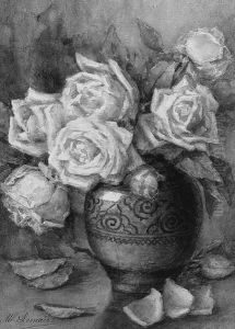 Yellow Roses In A Blue Ceramic Vase by Madeleine Jeanne Lemaire
