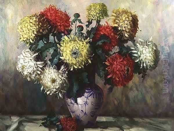 Chrysanthemums in a blue and white china vase - view 1