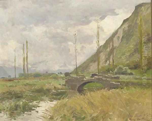 A river landscape with a stone bridge and hills beyond - view 1