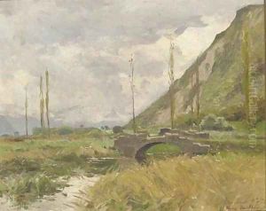 A river landscape with a stone bridge and hills beyond by Pierre Vauthier