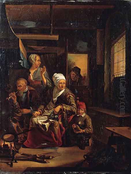 An old woman baking pancakes on an open fire, an old man smoking a pipe and a child nearby, in a kitchen - view 1