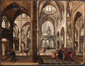 The Interior of a Gothic cathedral with Christ among the doctors