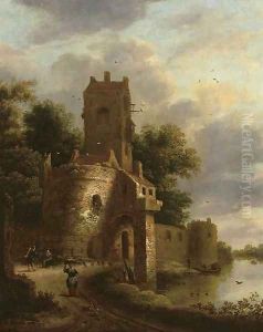 A river landscape with peasants and travellers on a path before a fortified tower by Roelof van Vries