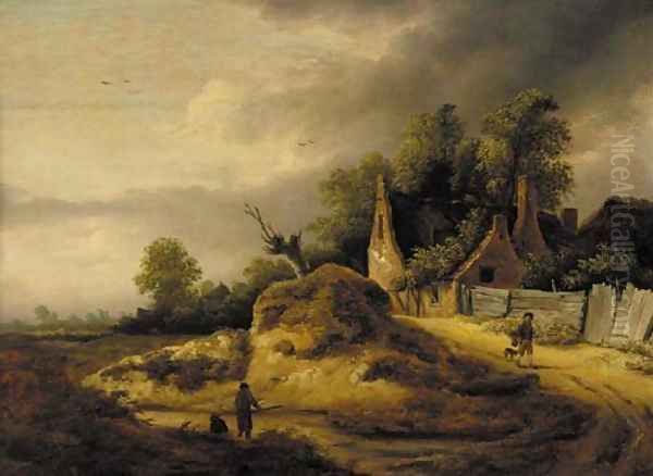 A cloudy landscape with a father and son fishing in a pond near a cottage - view 1