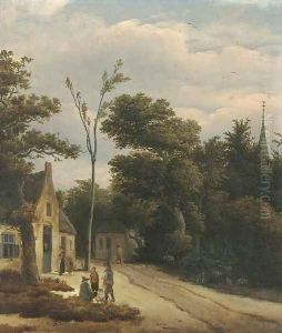 A wooded landscape with villagers conversing by a track by Roelof van Vries