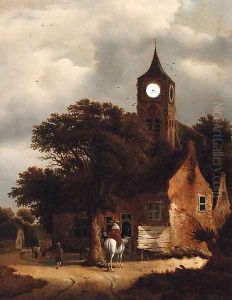 Travellers at an inn on the outskirts of a village, a church beyond