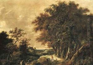 A wooded landscape with a peasant greeting a rider